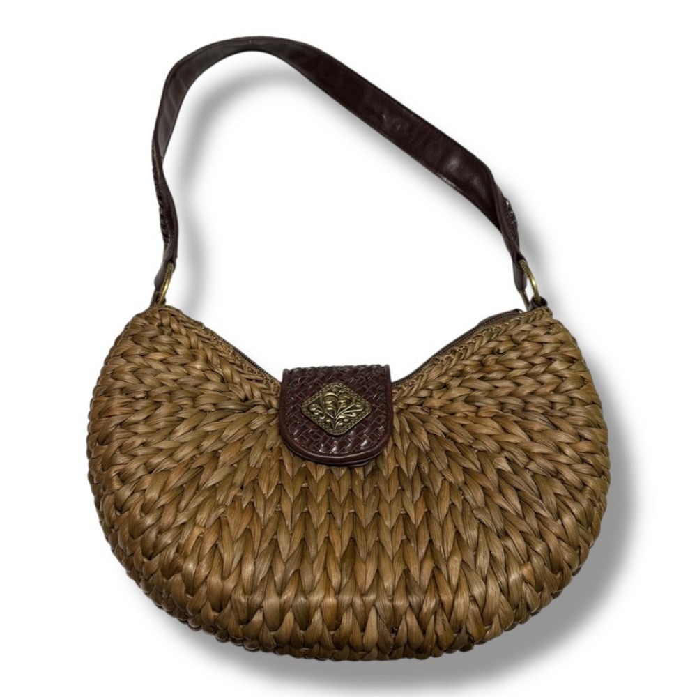 Coldwater Creek Woven Straw Shoulder Bag Brown Gold Crescent Shape